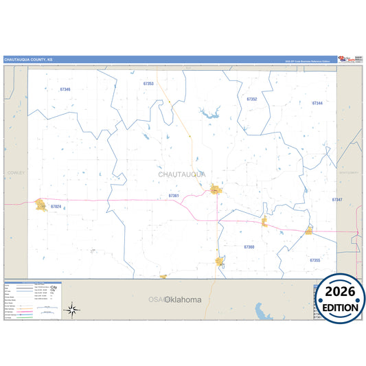 Chautauqua County, KS Business Reference 5 Digit ZIP Code Wall Map