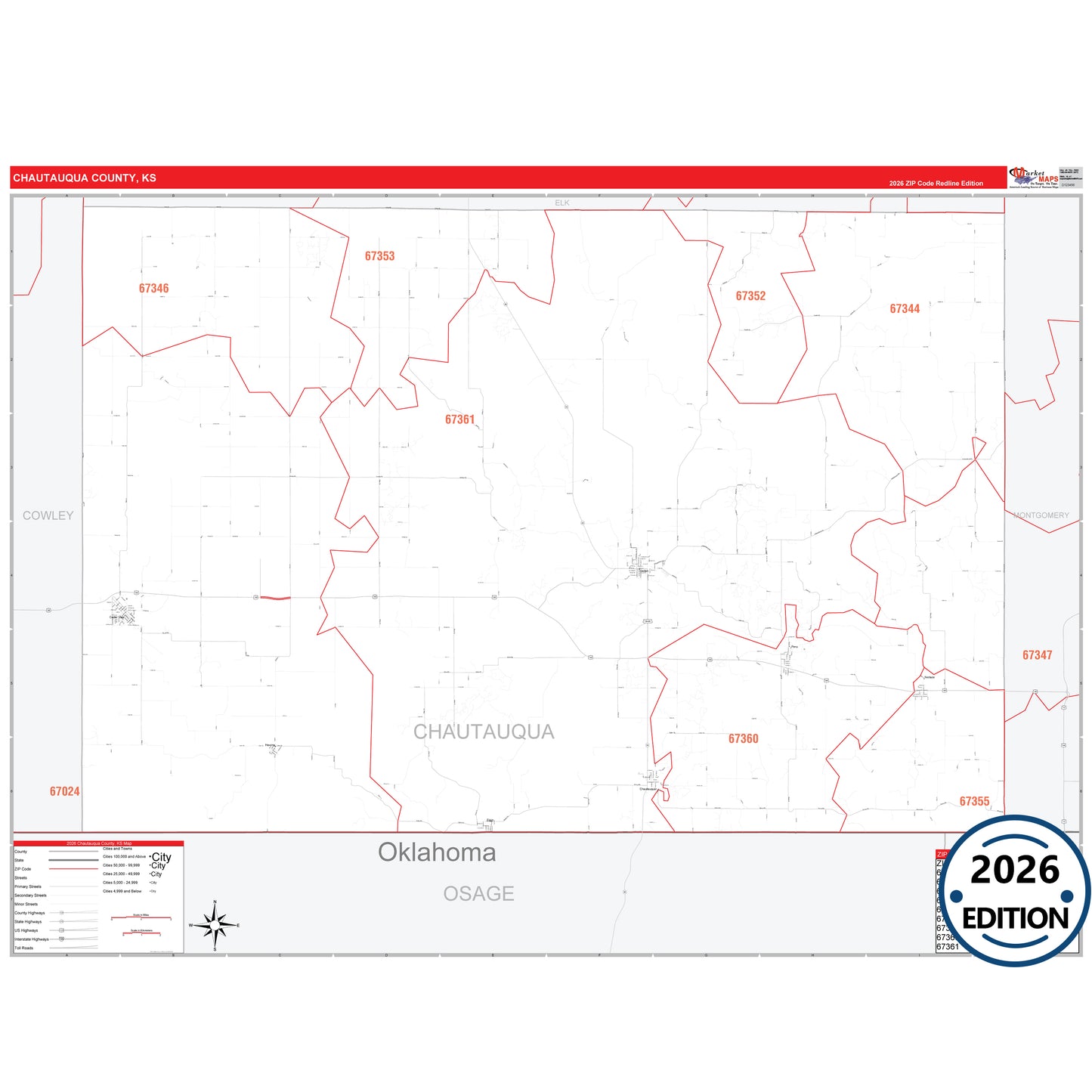 Chautauqua County, KS Red Line 5 Digit ZIP Code Wall Map