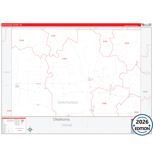 Chautauqua County, KS Red Line 5 Digit ZIP Code Wall Map