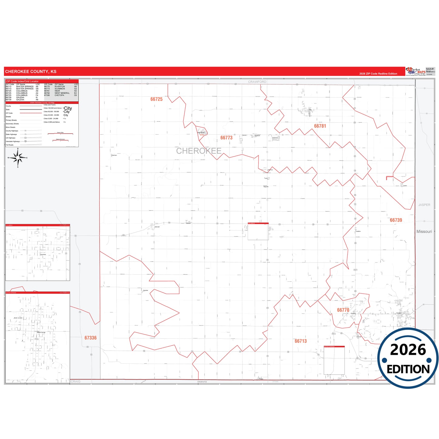 Cherokee County, KS Red Line 5 Digit ZIP Code Wall Map