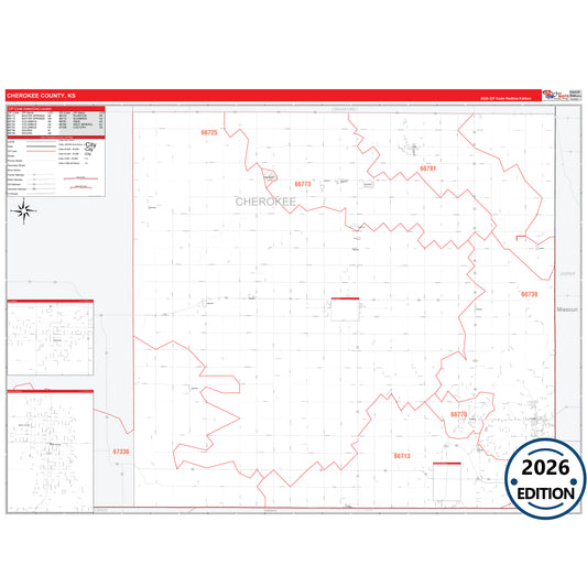 Cherokee County, KS Red Line 5 Digit ZIP Code Wall Map