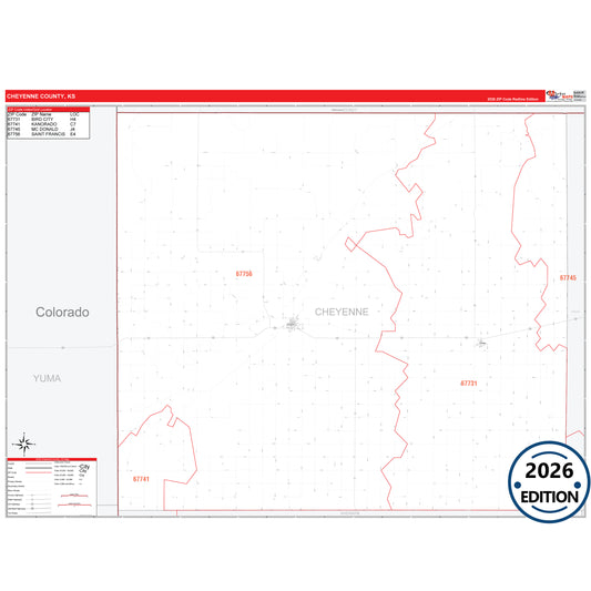 Cheyenne County, KS Red Line 5 Digit ZIP Code Wall Map