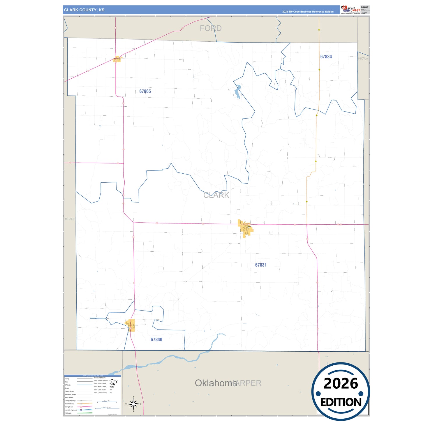 Clark County, KS Business Reference 5 Digit ZIP Code Wall Map