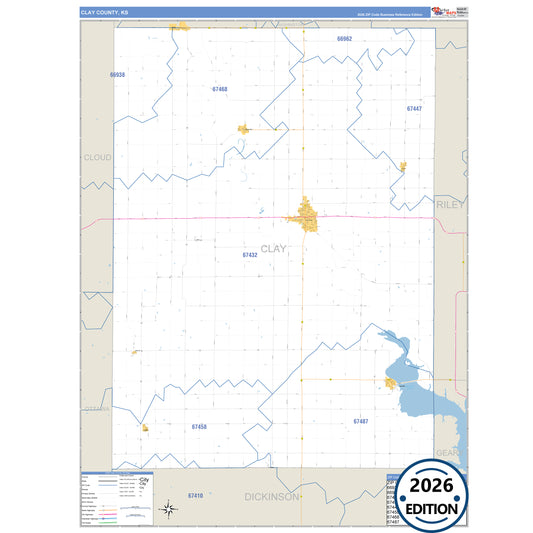 Clay County, KS Business Reference 5 Digit ZIP Code Wall Map