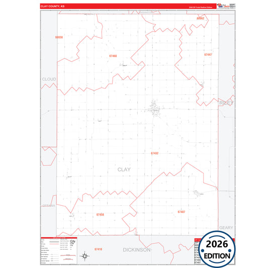 Clay County, KS Red Line 5 Digit ZIP Code Wall Map