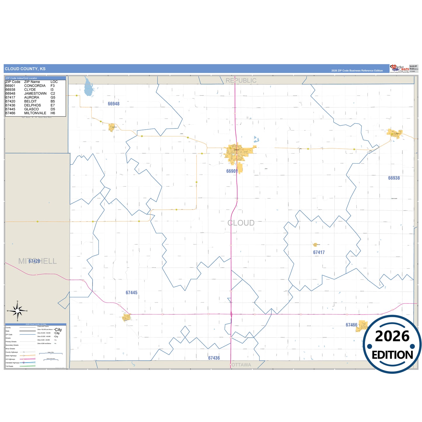 Cloud County, KS Business Reference 5 Digit ZIP Code Wall Map