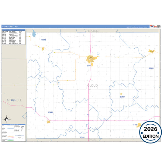 Cloud County, KS Business Reference 5 Digit ZIP Code Wall Map