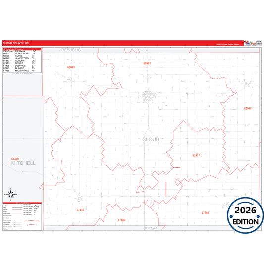 Cloud County, KS Red Line 5 Digit ZIP Code Wall Map