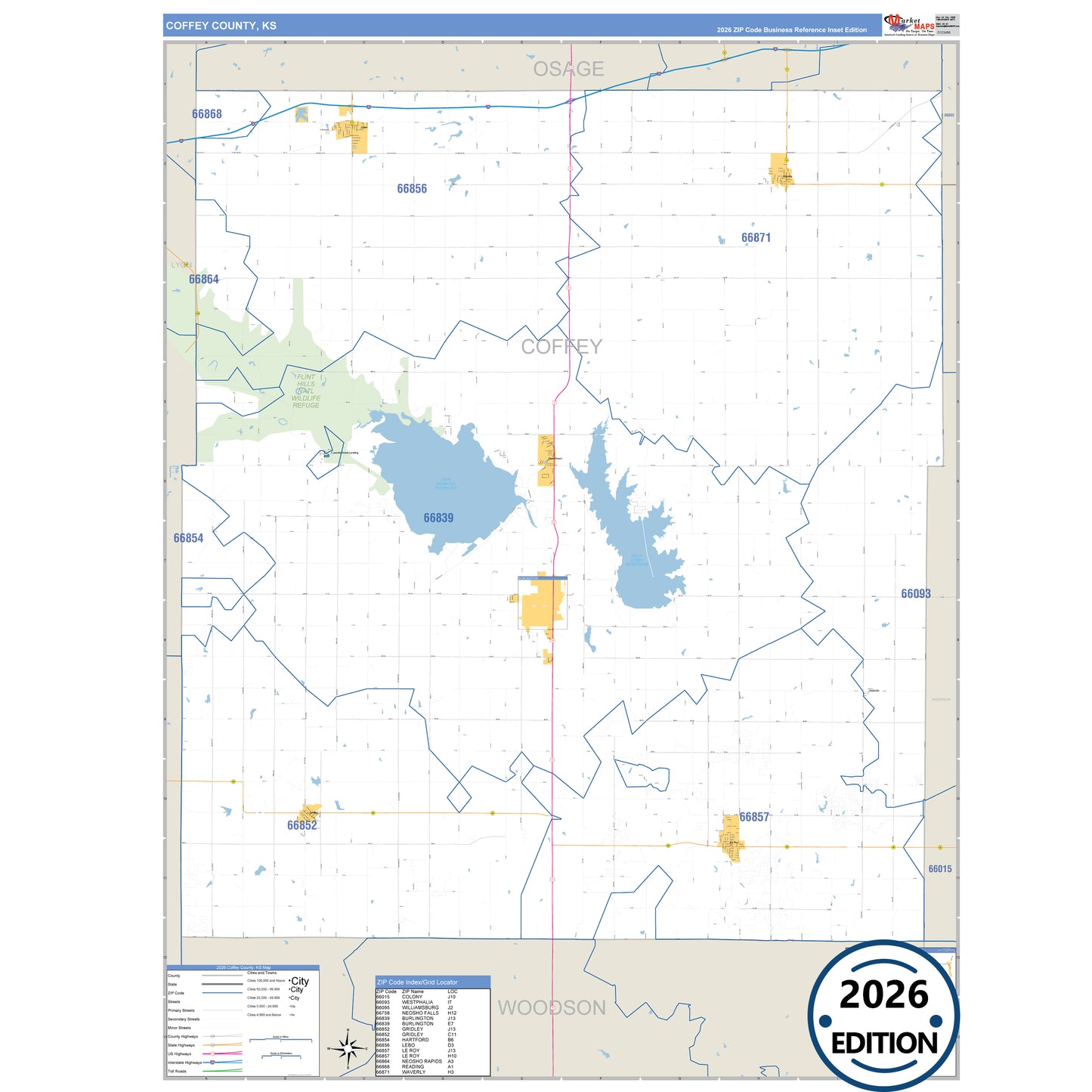Coffey County, KS Business Reference 5 Digit ZIP Code Wall Map