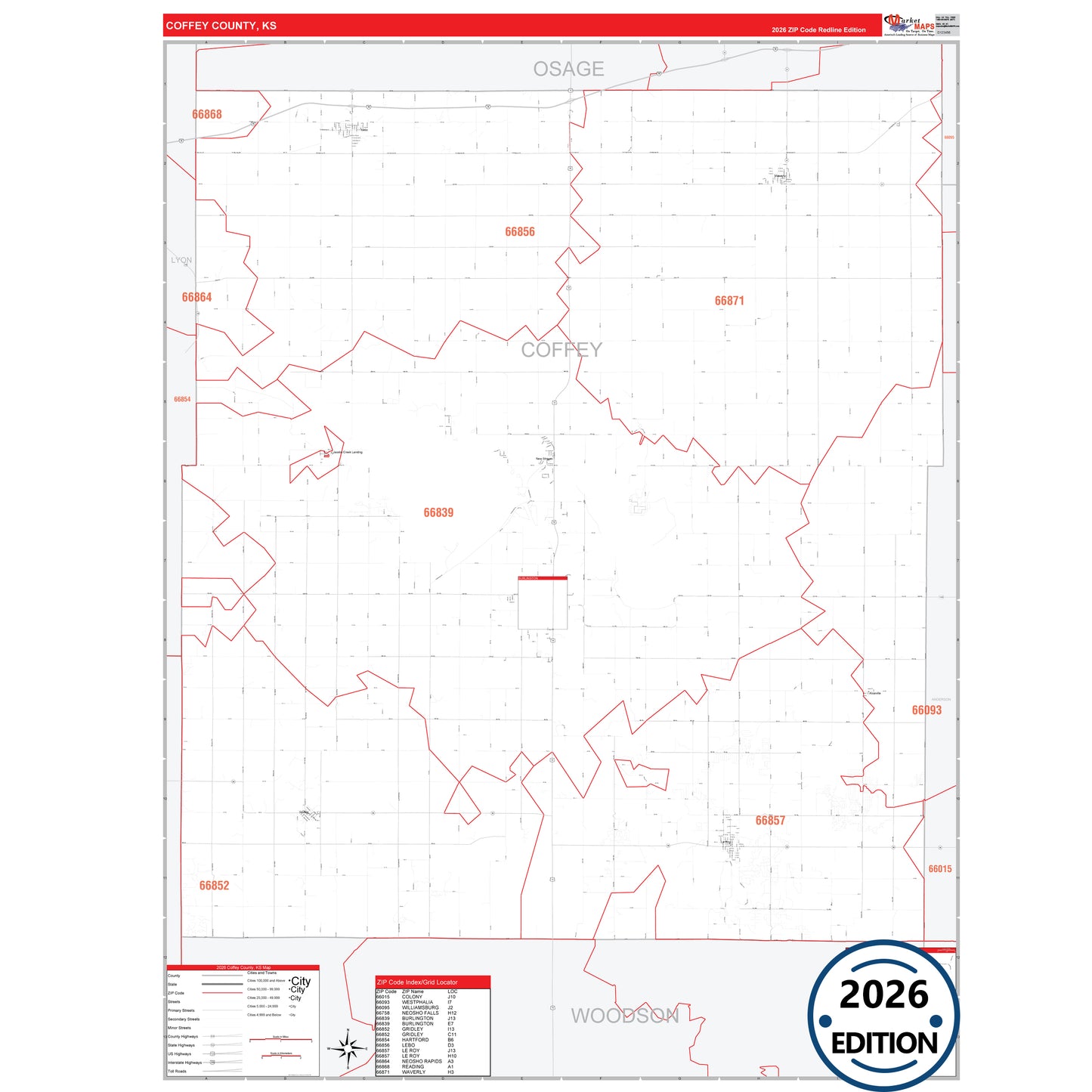 Coffey County, KS Red Line 5 Digit ZIP Code Wall Map