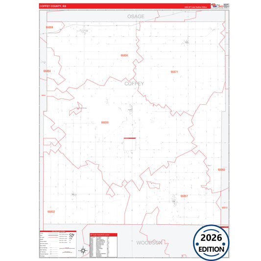 Coffey County, KS Red Line 5 Digit ZIP Code Wall Map