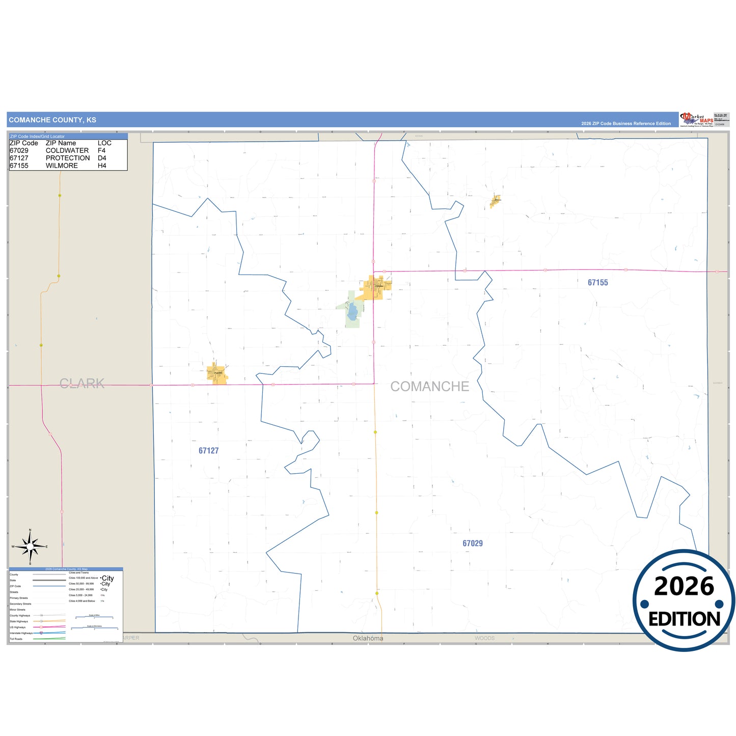 Comanche County, KS Business Reference 5 Digit ZIP Code Wall Map