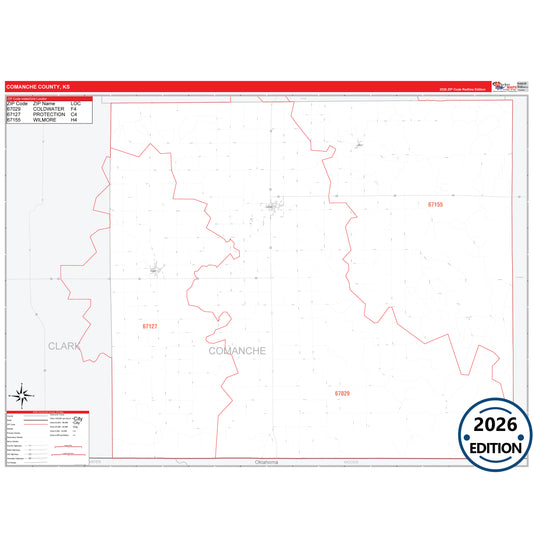 Comanche County, KS Red Line 5 Digit ZIP Code Wall Map