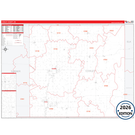 Cowley County, KS Red Line 5 Digit ZIP Code Wall Map