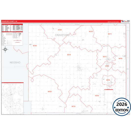 Crawford County, KS Red Line 5 Digit ZIP Code Wall Map