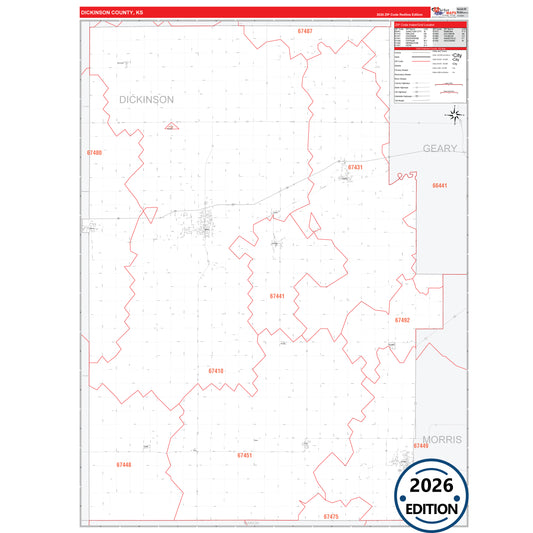 Dickinson County, KS Red Line 5 Digit ZIP Code Wall Map