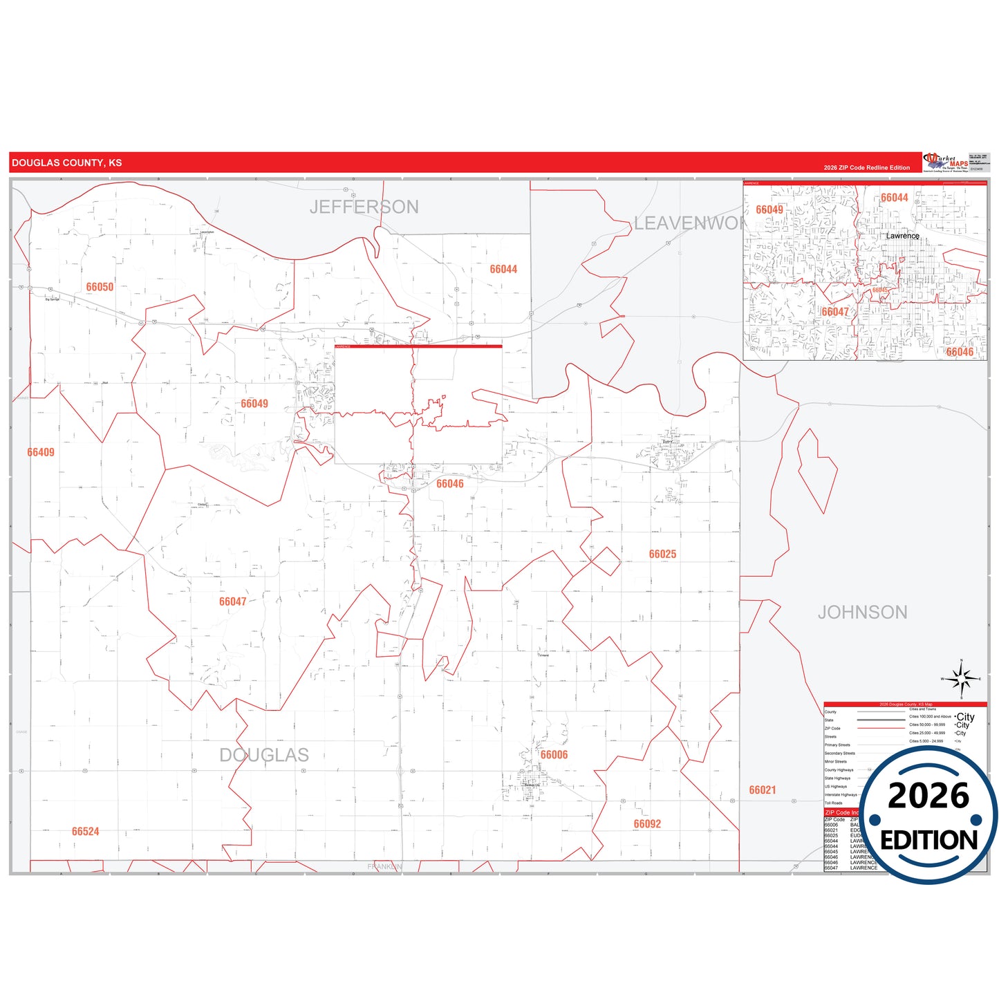 Douglas County, KS Red Line 5 Digit ZIP Code Wall Map