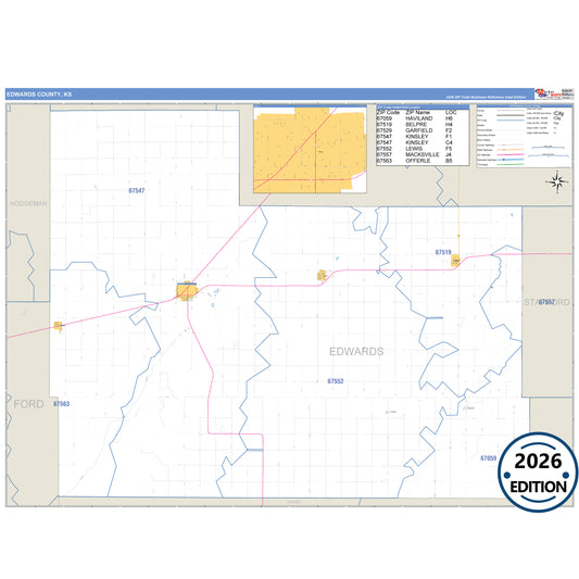 Edwards County, KS Business Reference 5 Digit ZIP Code Wall Map