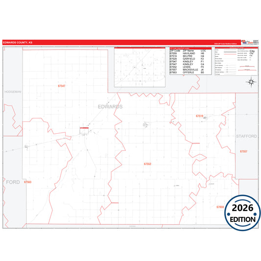 Edwards County, KS Red Line 5 Digit ZIP Code Wall Map