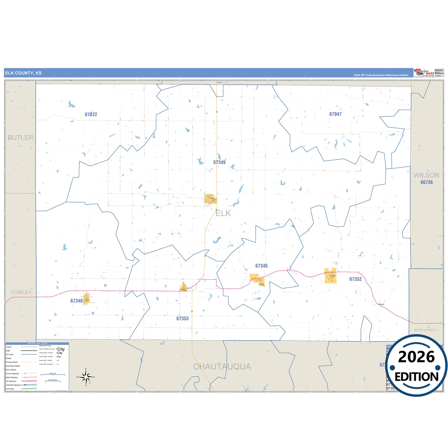 Elk County, KS Business Reference 5 Digit ZIP Code Wall Map
