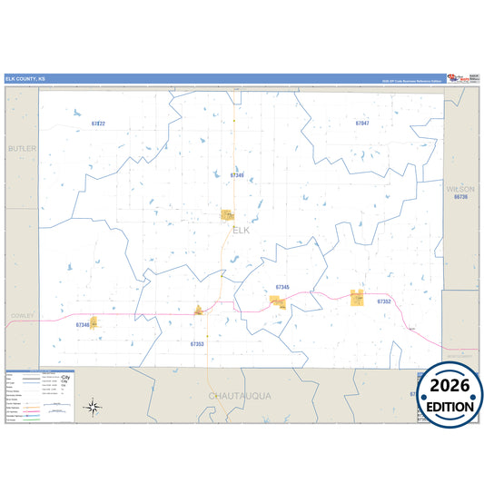 Elk County, KS Business Reference 5 Digit ZIP Code Wall Map