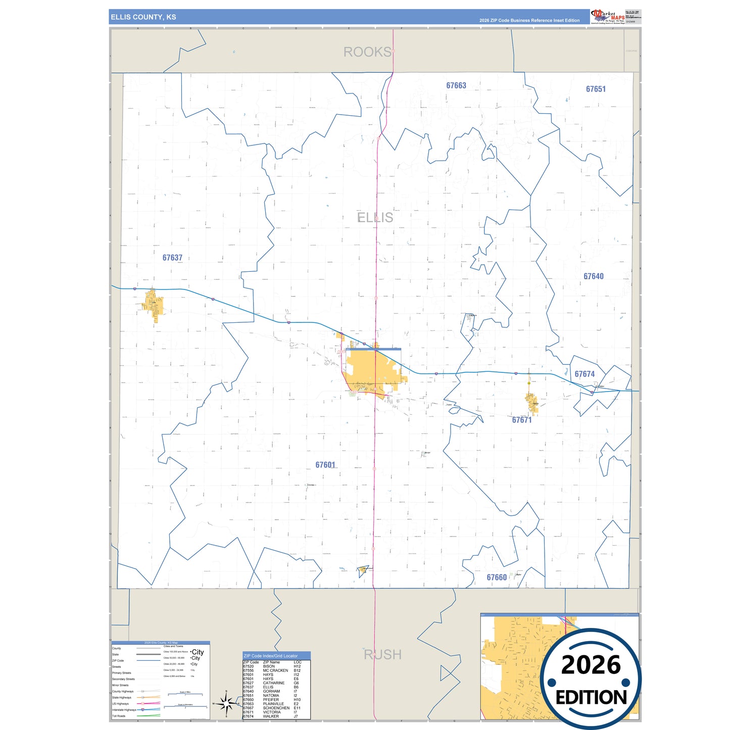 Ellis County, KS Business Reference 5 Digit ZIP Code Wall Map