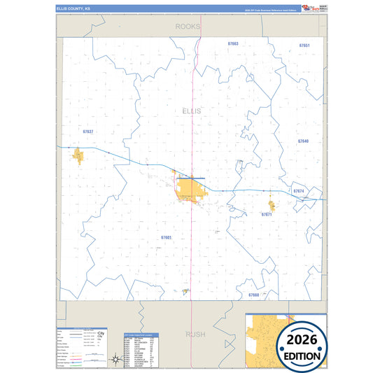 Ellis County, KS Business Reference 5 Digit ZIP Code Wall Map
