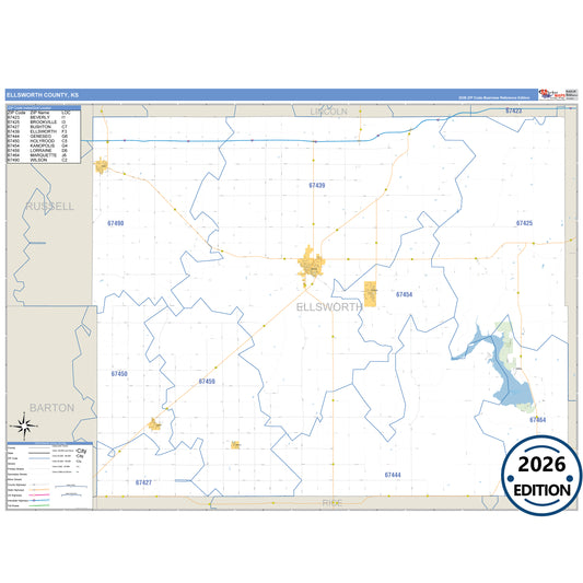 Ellsworth County, KS Business Reference 5 Digit ZIP Code Wall Map