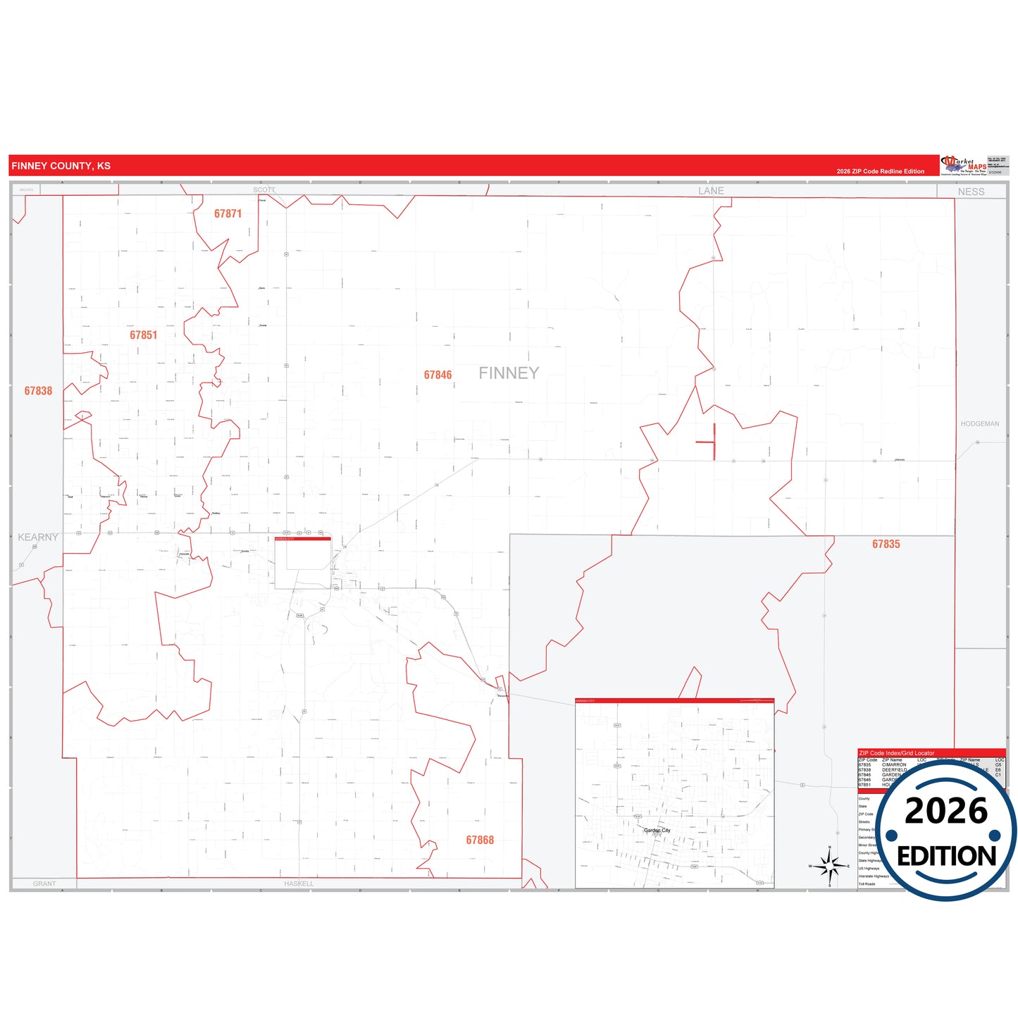 Finney County, KS Red Line 5 Digit ZIP Code Wall Map