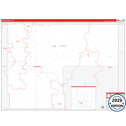 Finney County, KS Red Line 5 Digit ZIP Code Wall Map