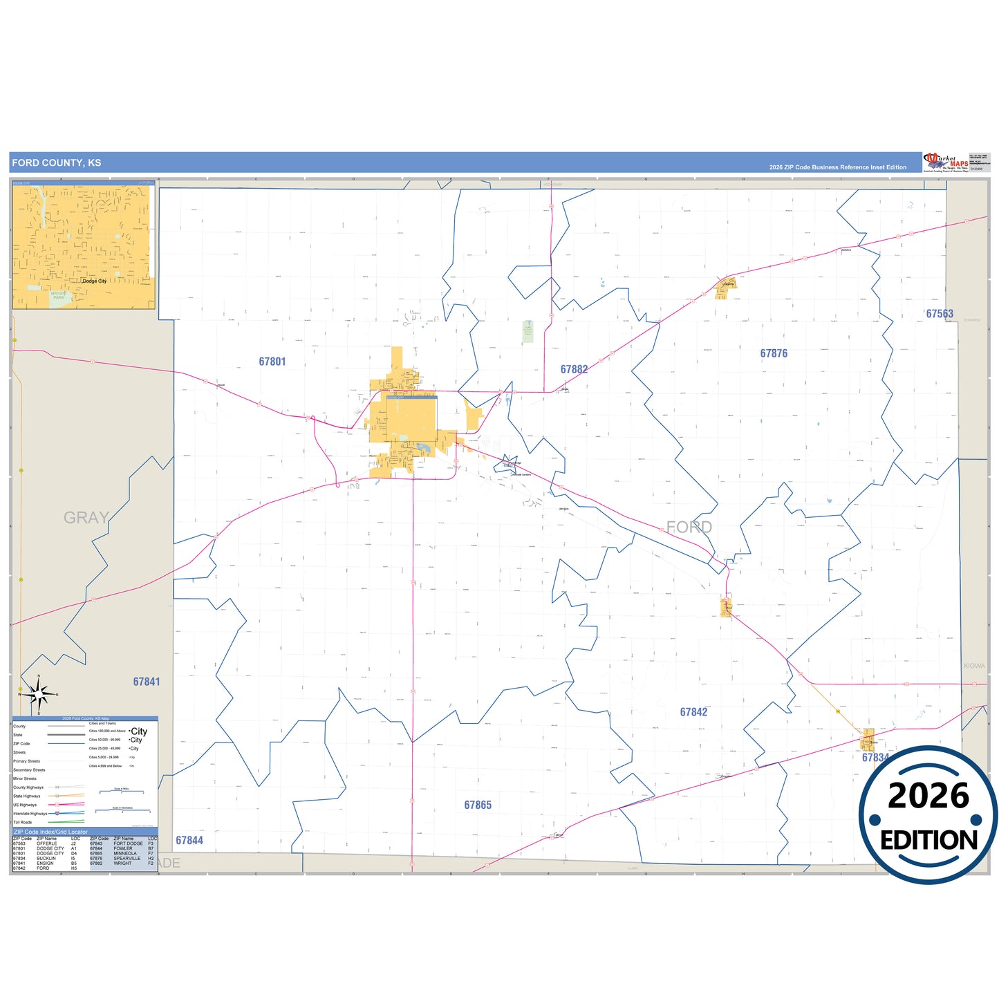 Ford County, KS Business Reference 5 Digit ZIP Code Wall Map