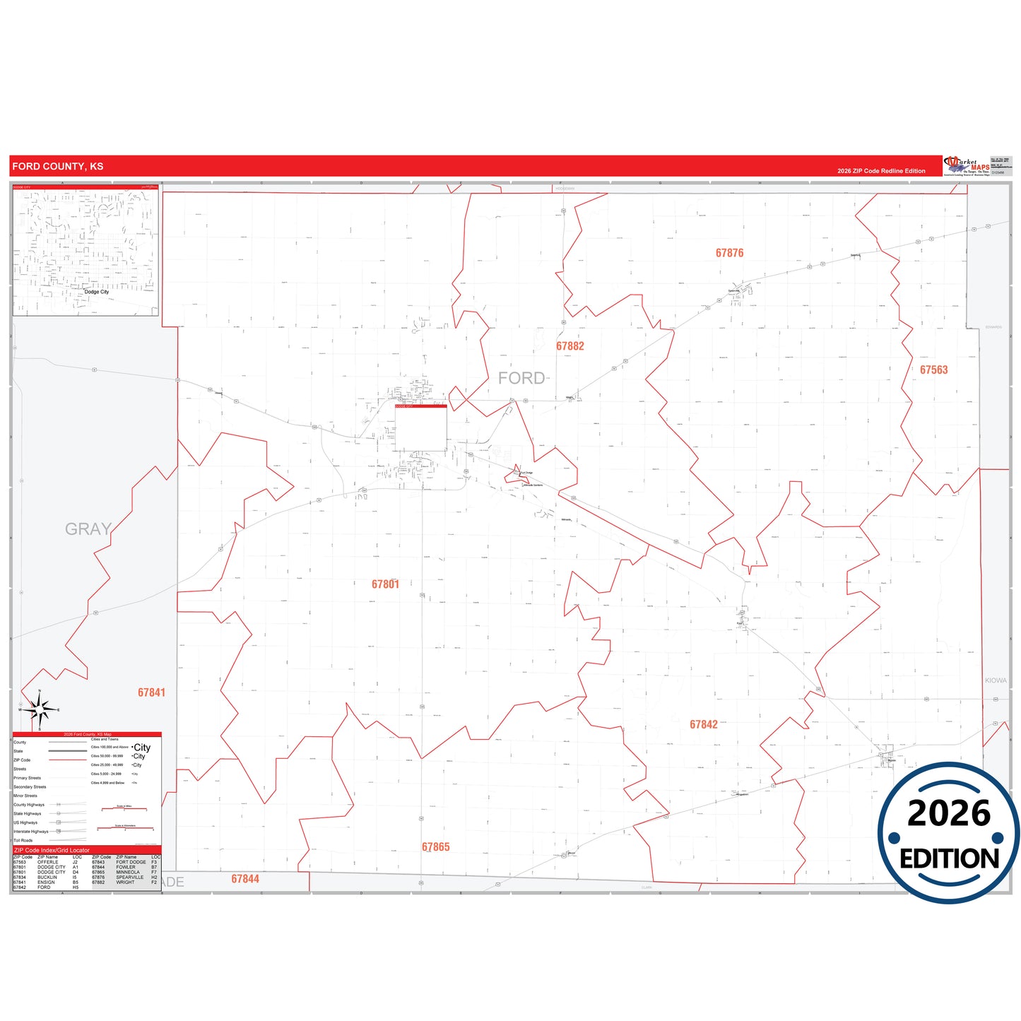 Ford County, KS Red Line 5 Digit ZIP Code Wall Map