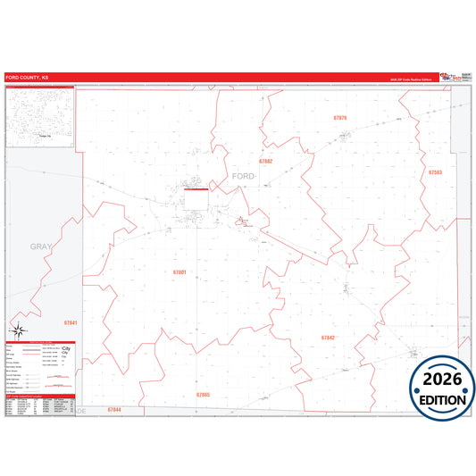 Ford County, KS Red Line 5 Digit ZIP Code Wall Map