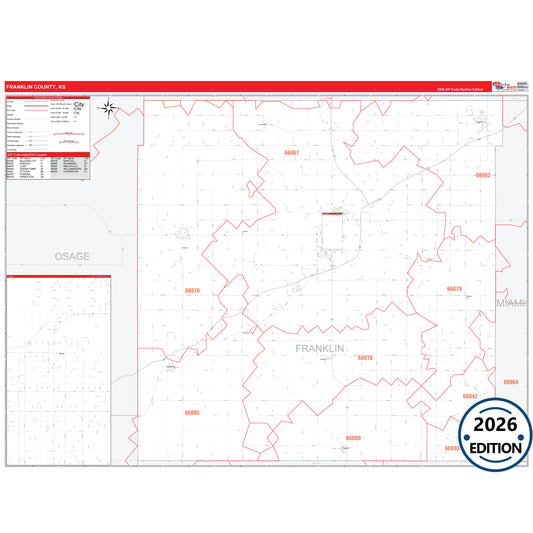 Franklin County, KS Red Line 5 Digit ZIP Code Wall Map