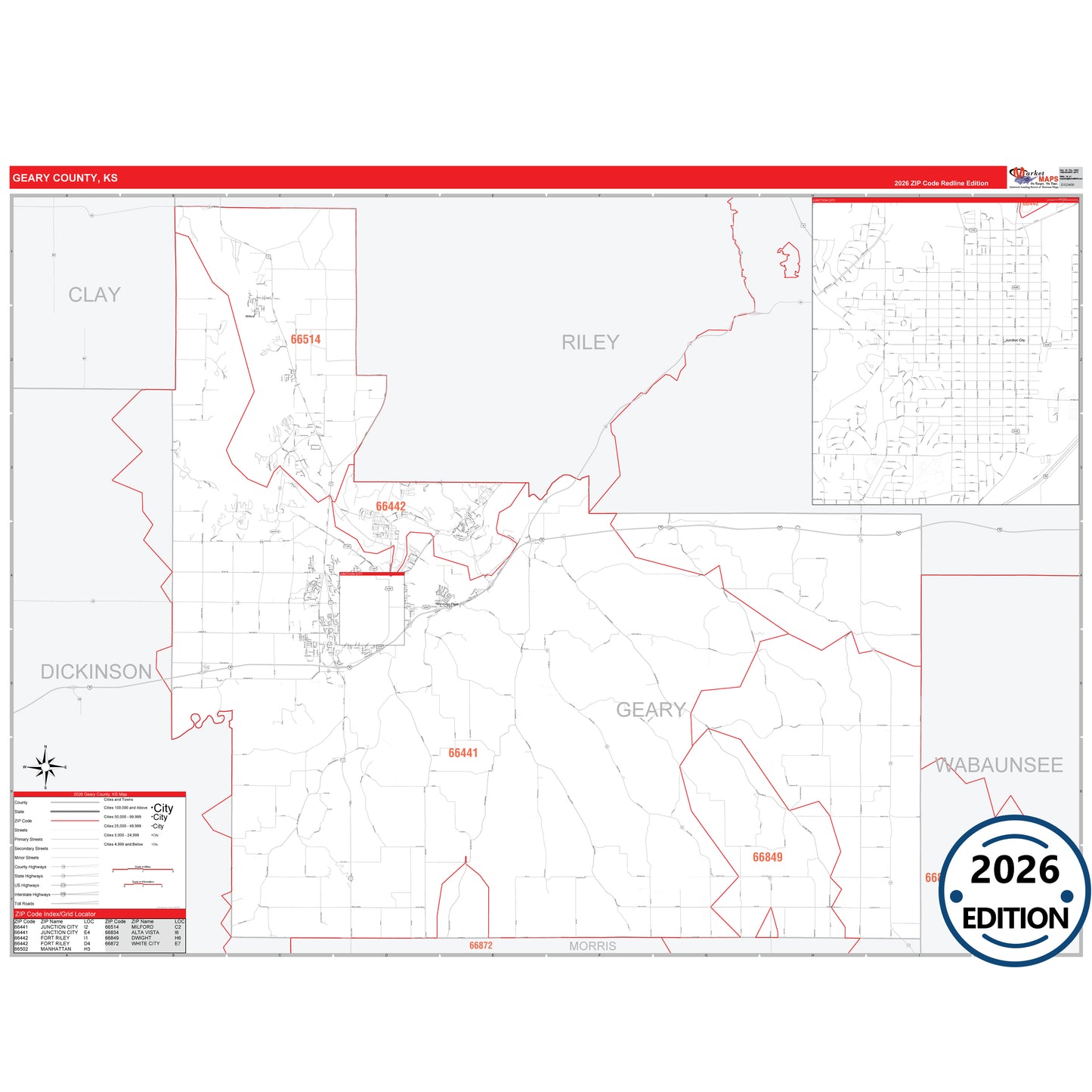 Geary County, KS Red Line 5 Digit ZIP Code Wall Map