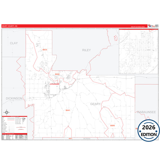 Geary County, KS Red Line 5 Digit ZIP Code Wall Map