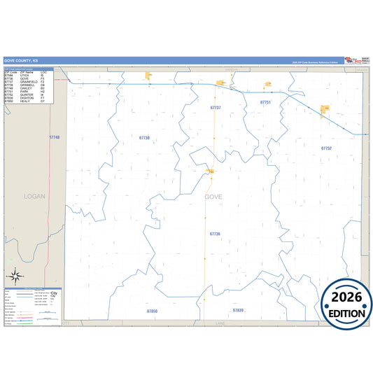 Gove County, KS Business Reference 5 Digit ZIP Code Wall Map
