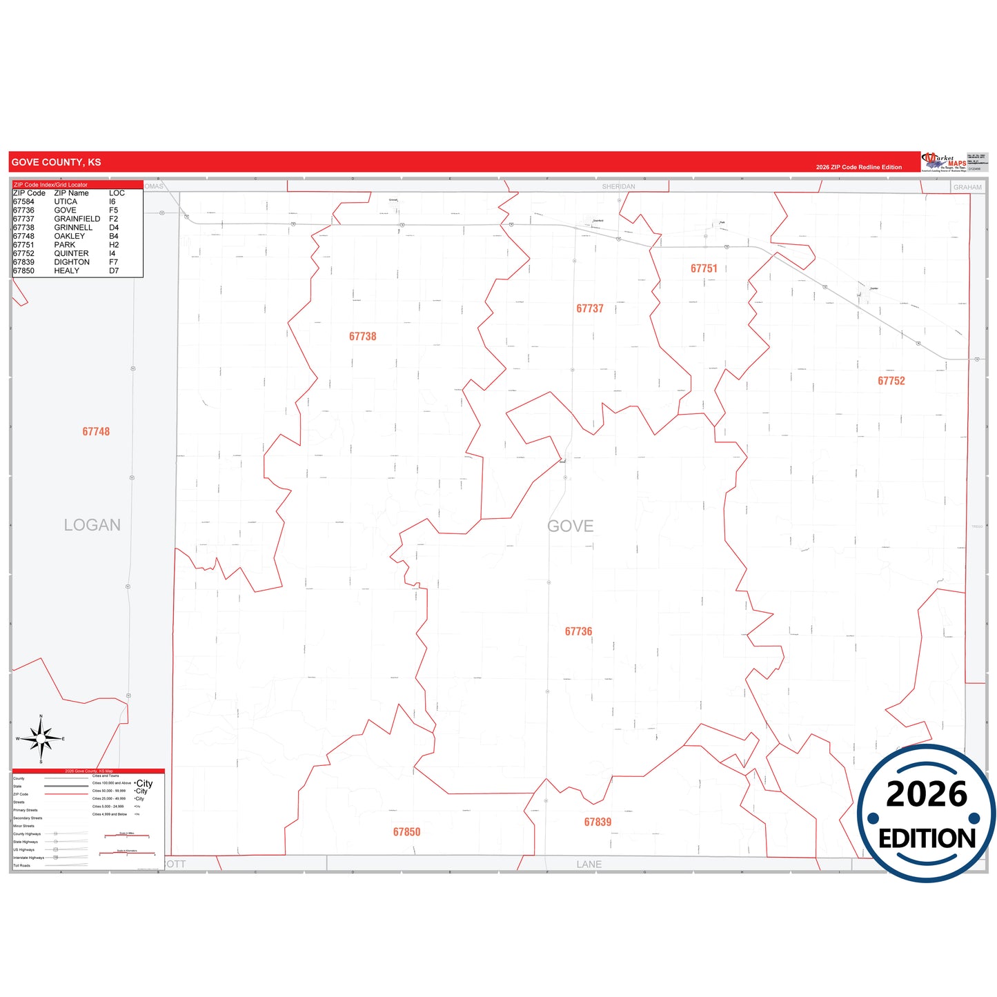 Gove County, KS Red Line 5 Digit ZIP Code Wall Map