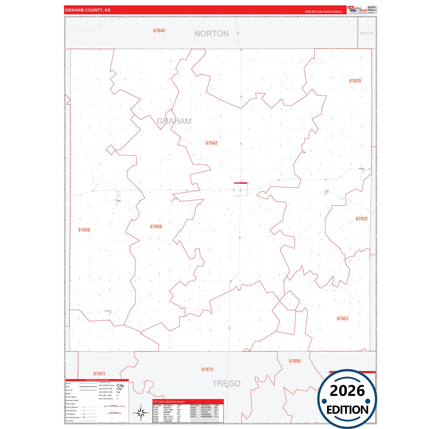 Graham County, KS Red Line 5 Digit ZIP Code Wall Map