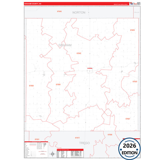 Graham County, KS Red Line 5 Digit ZIP Code Wall Map