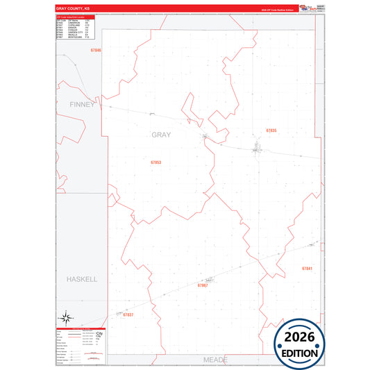 Gray County, KS Red Line 5 Digit ZIP Code Wall Map
