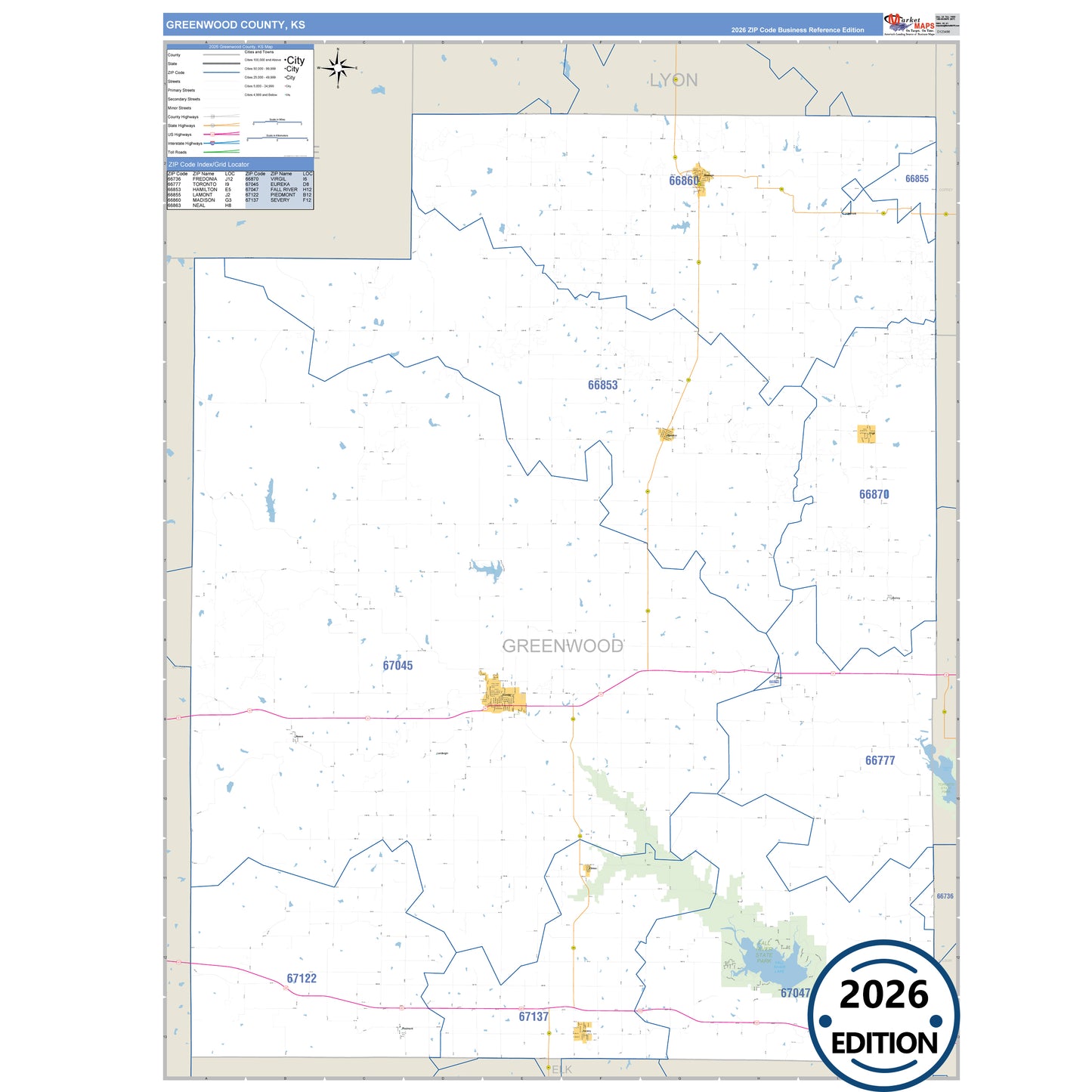 Greenwood County, KS Business Reference 5 Digit ZIP Code Wall Map