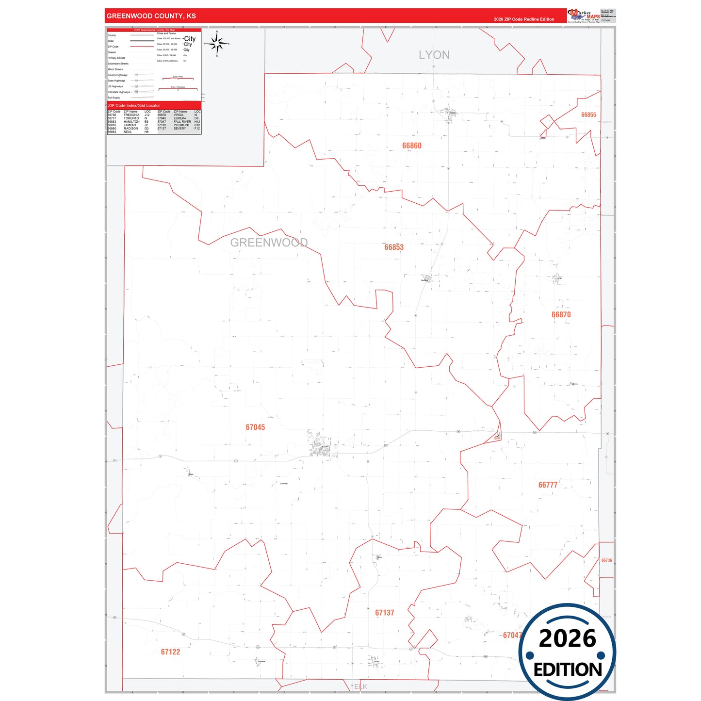 Greenwood County, KS Red Line 5 Digit ZIP Code Wall Map