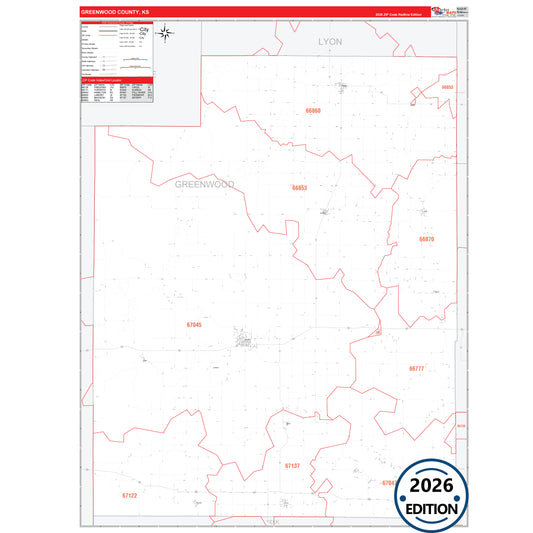 Greenwood County, KS Red Line 5 Digit ZIP Code Wall Map