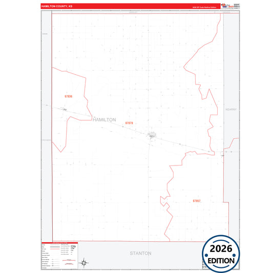 Hamilton County, KS Red Line 5 Digit ZIP Code Wall Map