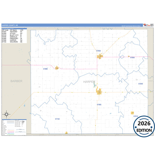 Harper County, KS Business Reference 5 Digit ZIP Code Wall Map