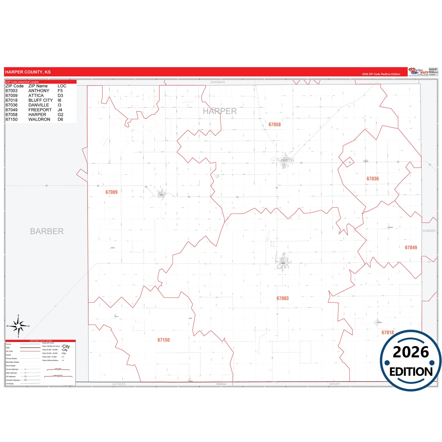 Harper County, KS Red Line 5 Digit ZIP Code Wall Map
