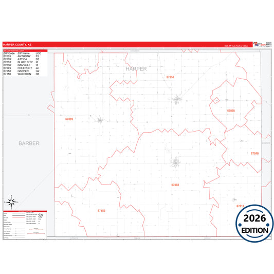 Harper County, KS Red Line 5 Digit ZIP Code Wall Map