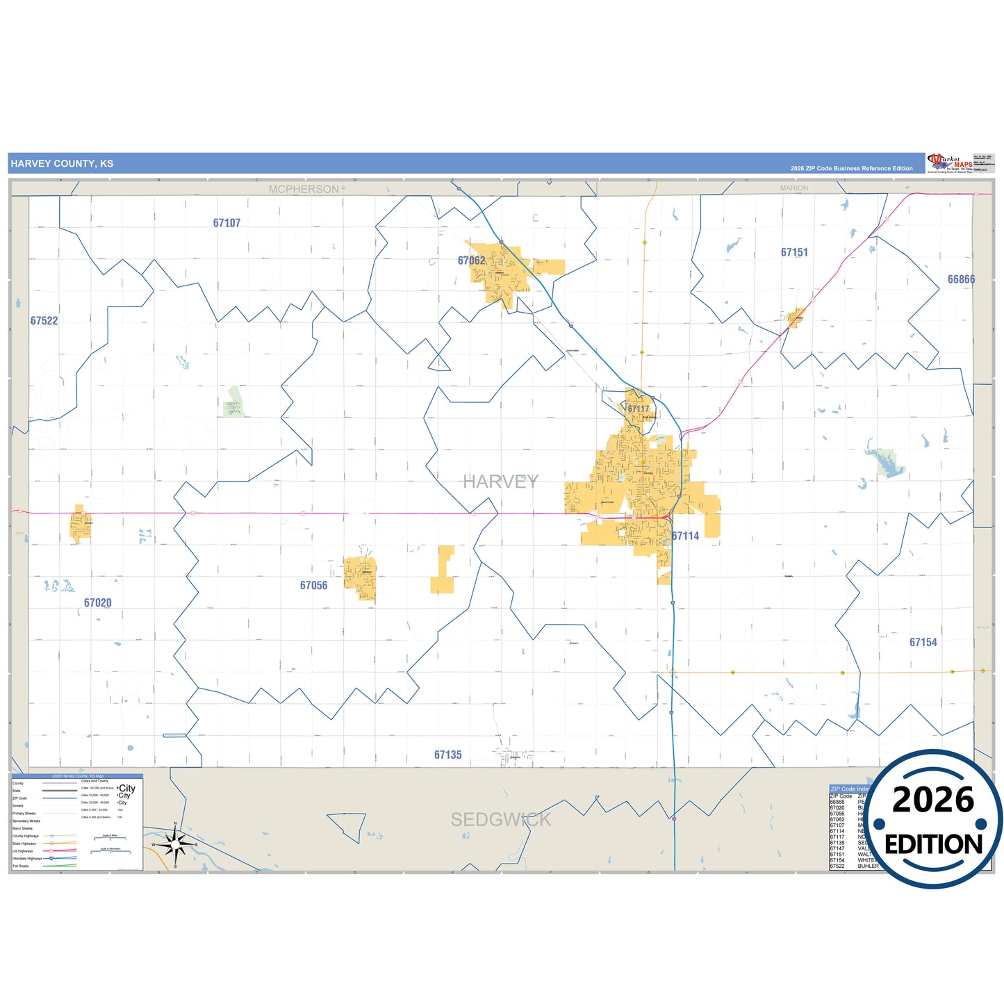 Harvey County, KS Business Reference 5 Digit ZIP Code Wall Map