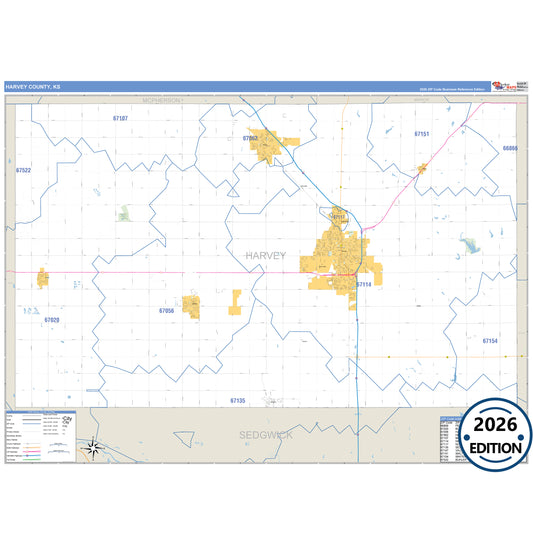 Harvey County, KS Business Reference 5 Digit ZIP Code Wall Map